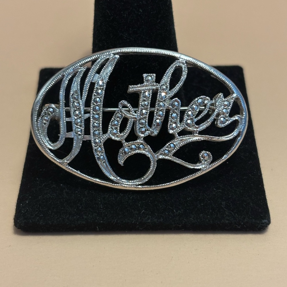 Silver Tone Marcasite ‘Mother’ Brooch 1-3/4”